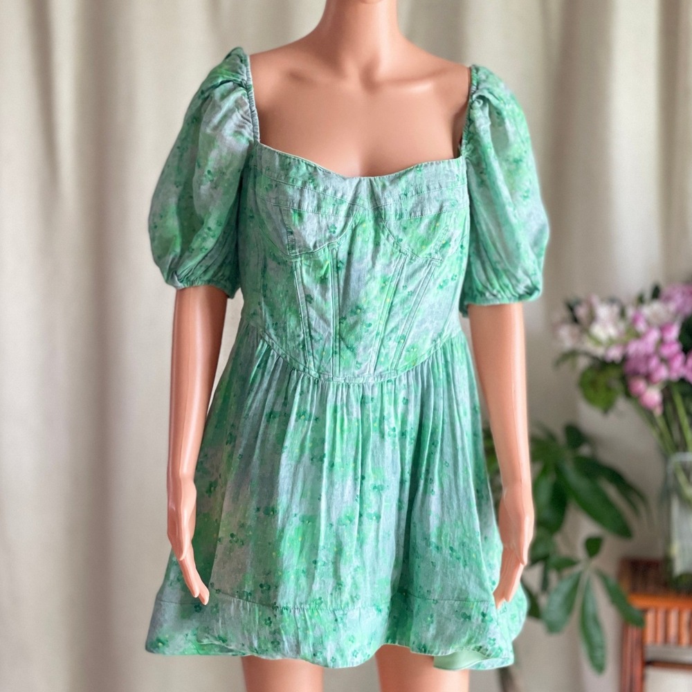 Bardot Kiah Floral Puff Sleeve Corset Mini Dress Green Ramie Cottagecore Size 10 - Picture 2 of 7